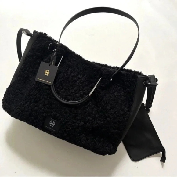 House Of Harlow 1960 Black Sherpa Crossbody Weekender Tote Bag Large oversized - Picture 9 of 9
